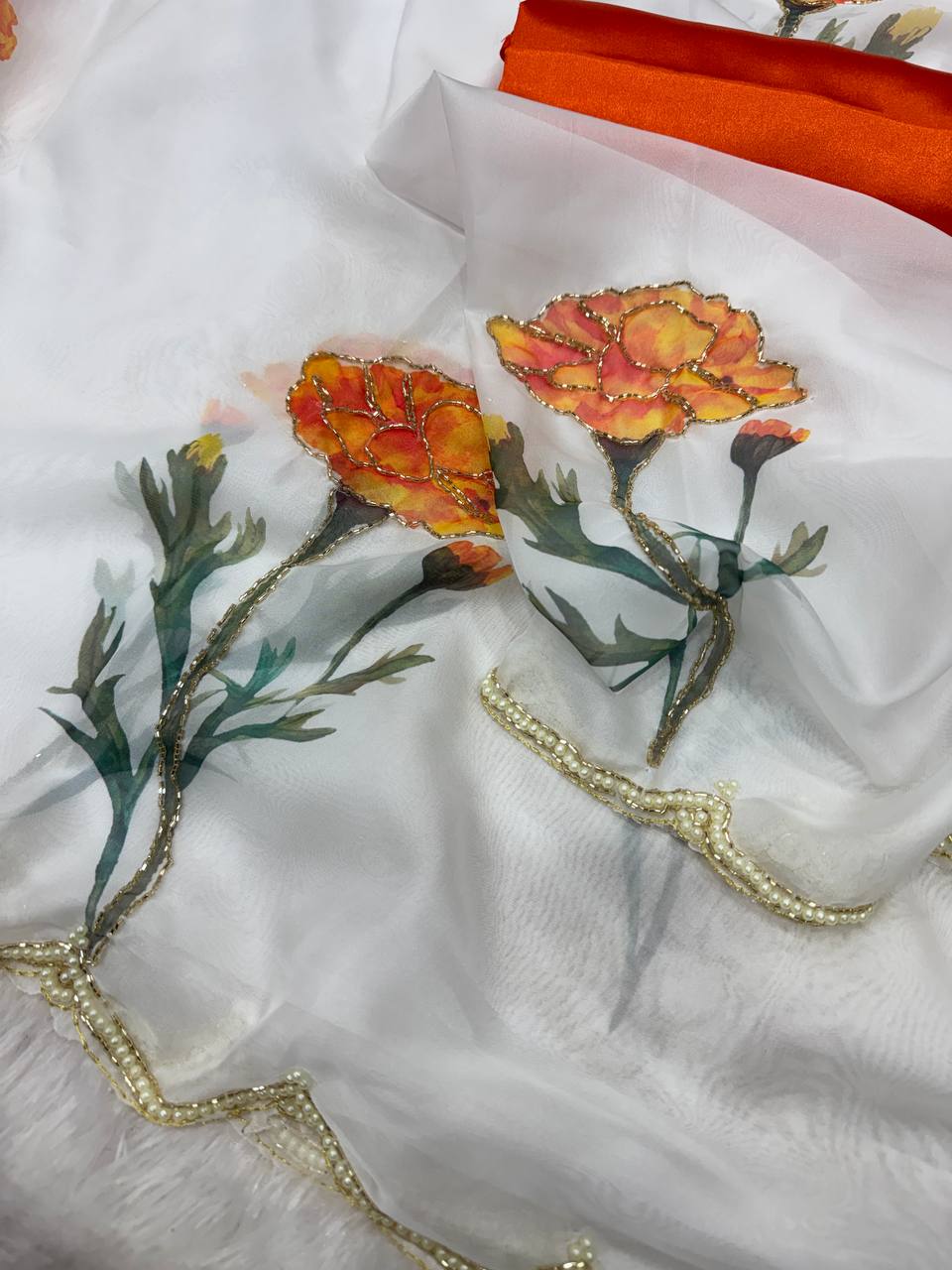 Elegant Floral Printed Tebby Silk Saree with Beads & Katdana Handwork – Designer Party Wear
