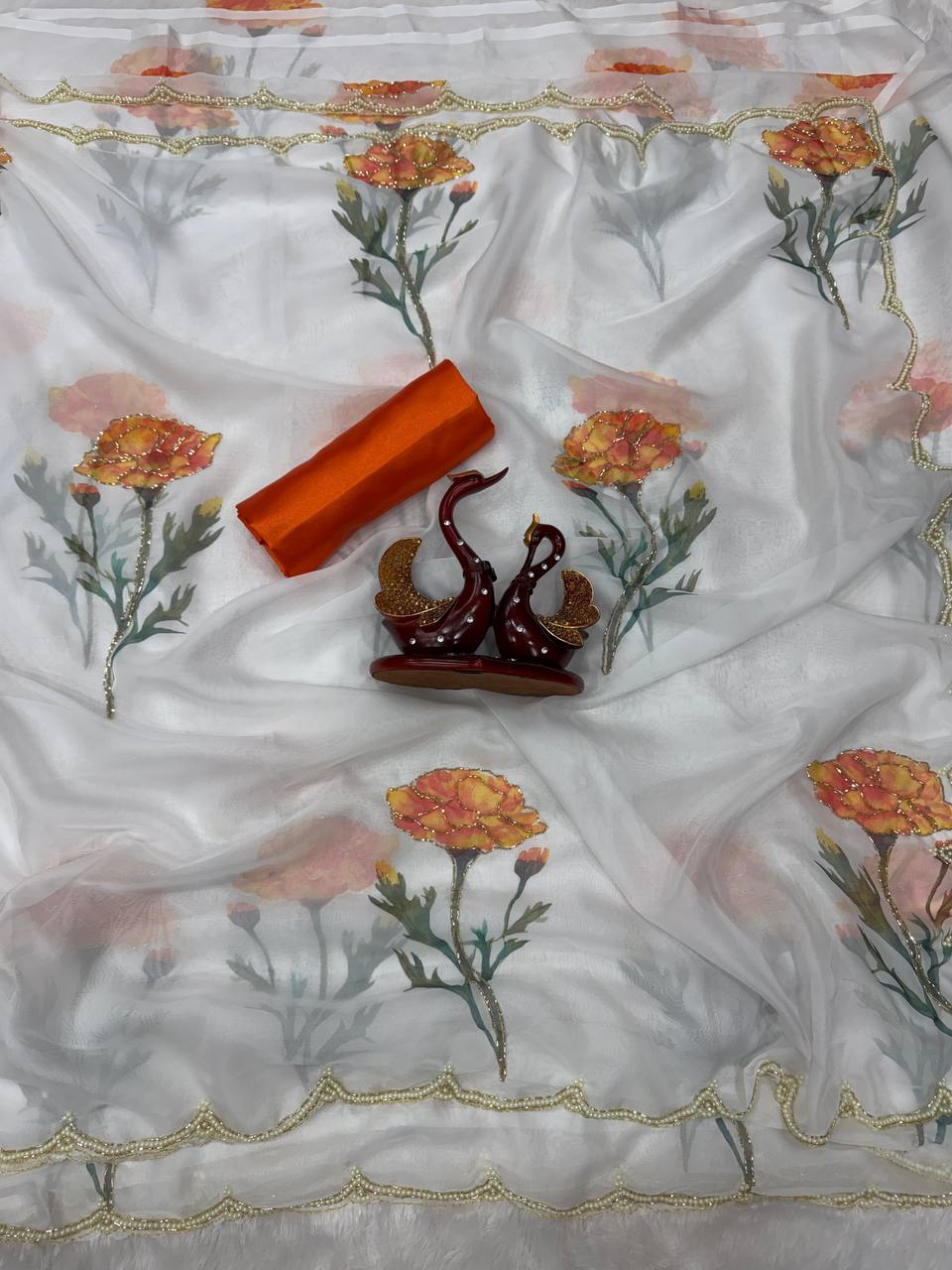 Elegant Floral Printed Tebby Silk Saree with Beads & Katdana Handwork – Designer Party Wear