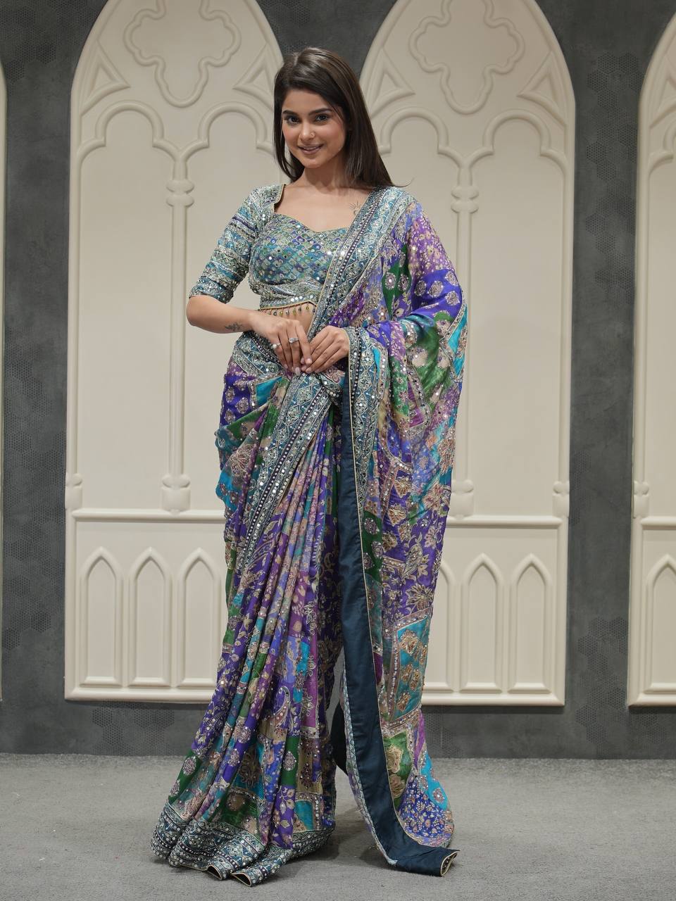 Noor-e-Mirror Chinnon Saree- BLUE