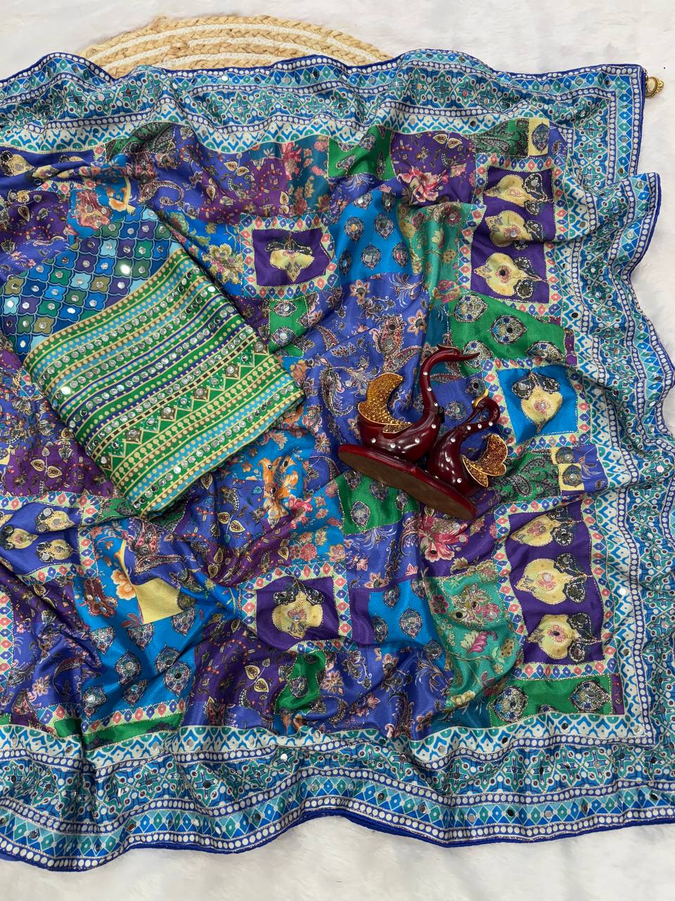 Noor-e-Mirror Chinnon Saree- BLUE