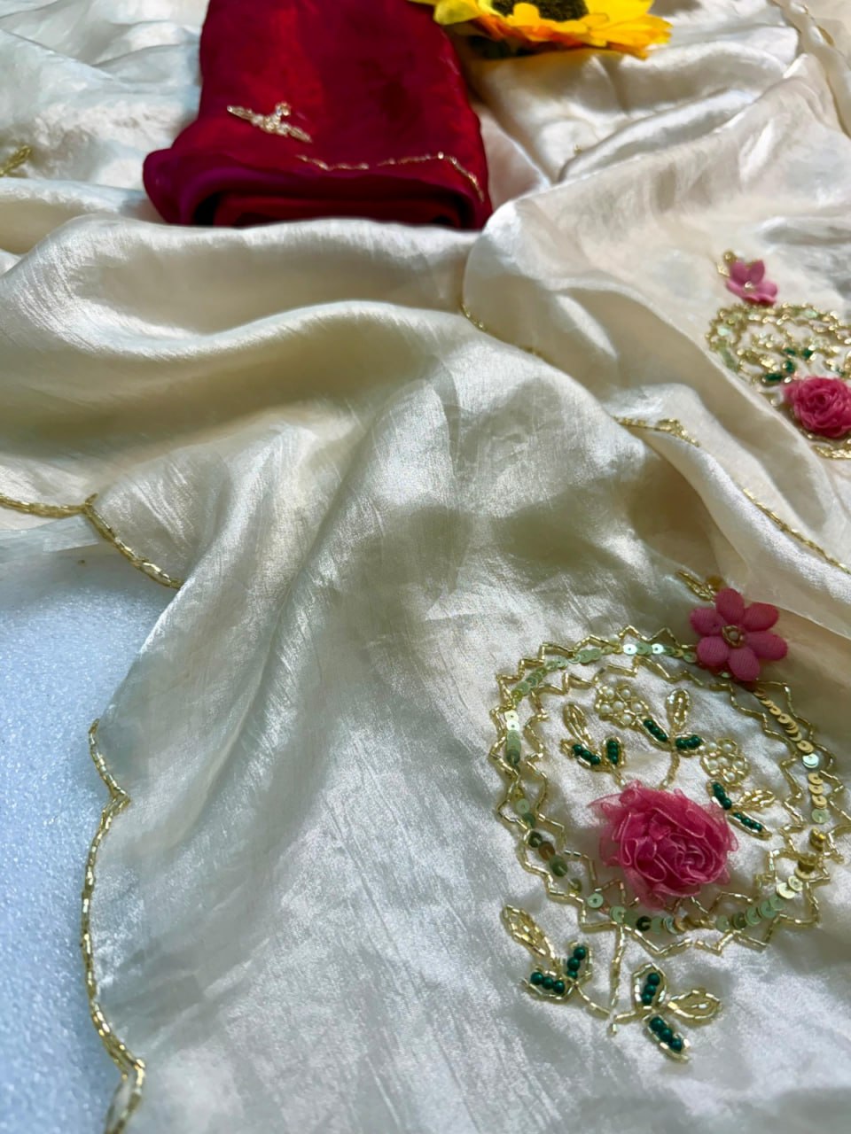 Designer Fandy Satin Saree with Khatli Cutdana Handwork & Arco Border – WHITE