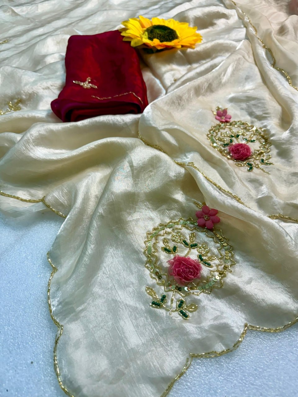 Designer Fandy Satin Saree with Khatli Cutdana Handwork & Arco Border – WHITE