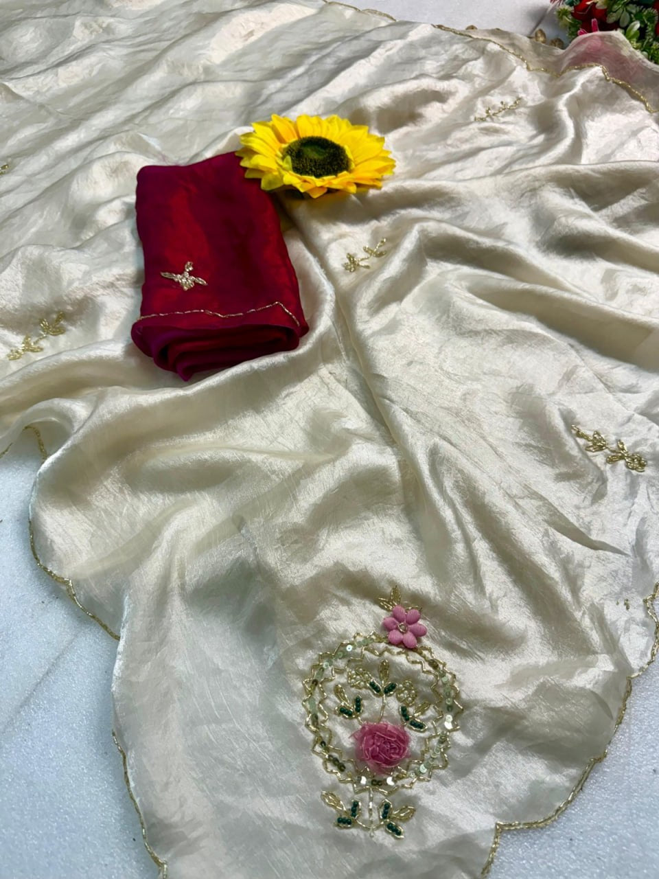 Designer Fandy Satin Saree with Khatli Cutdana Handwork & Arco Border – WHITE