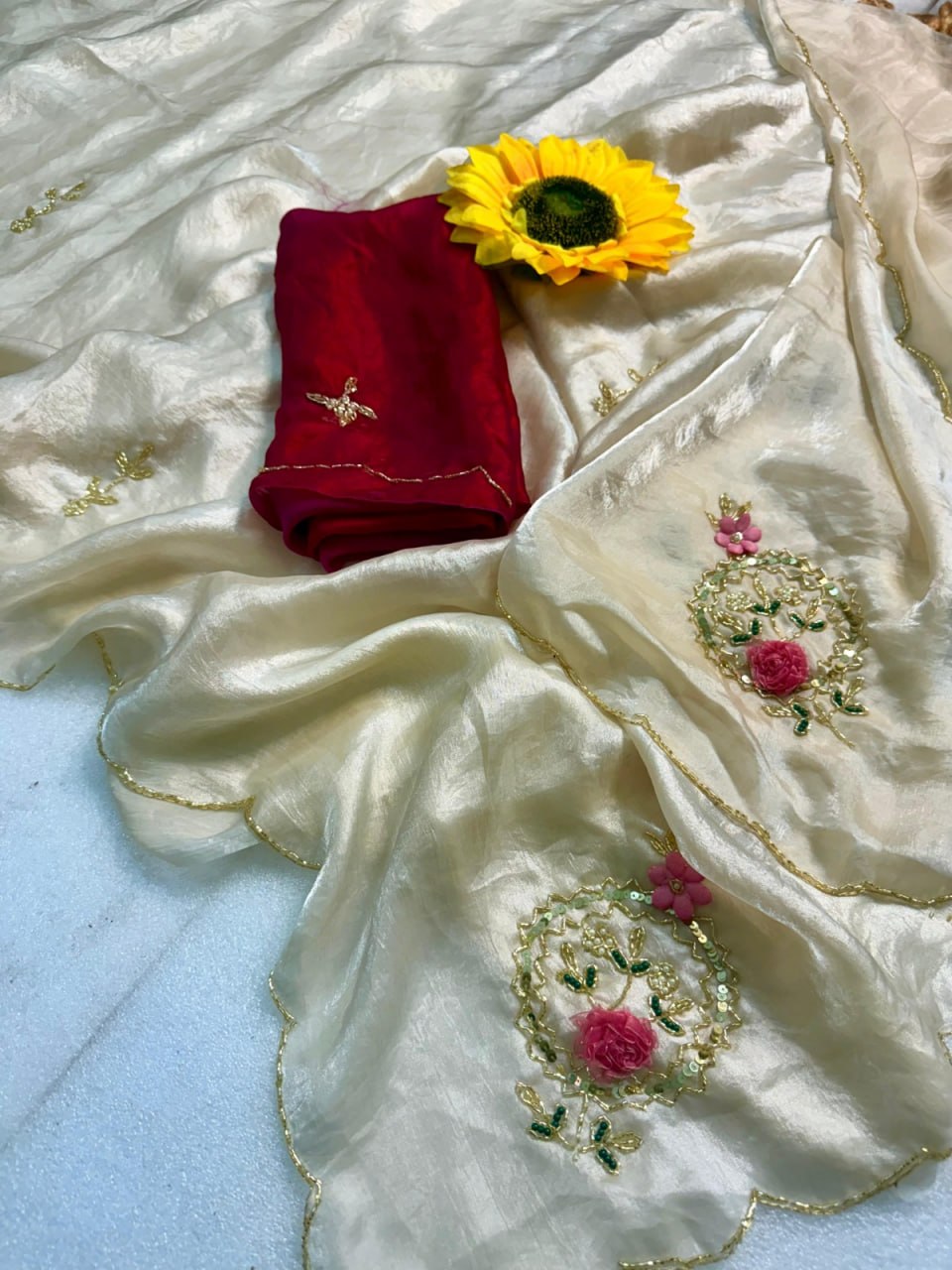 Designer Fandy Satin Saree with Khatli Cutdana Handwork & Arco Border – WHITE