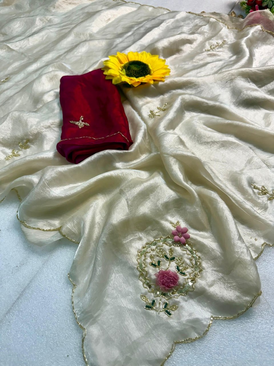 Designer Fandy Satin Saree with Khatli Cutdana Handwork & Arco Border – WHITE