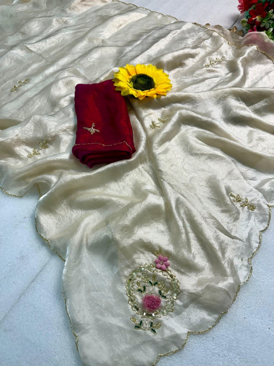 Designer Fandy Satin Saree with Khatli Cutdana Handwork & Arco Border – WHITE