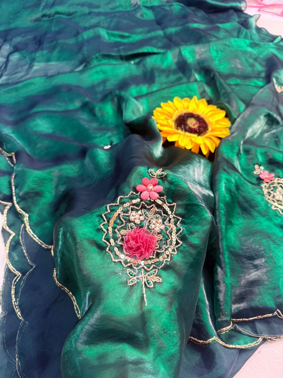 Designer Fandy Satin Saree with Khatli Cutdana Handwork & Arco Border – GREEN
