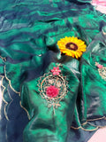 Designer Fandy Satin Saree with Khatli Cutdana Handwork & Arco Border – GREEN