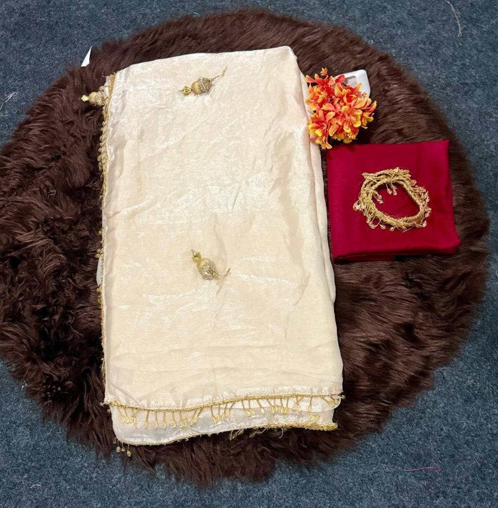 Elegant Fandy Satin Saree with Crystal Moti Lace & Handwork Latkan – Designer Party Wear