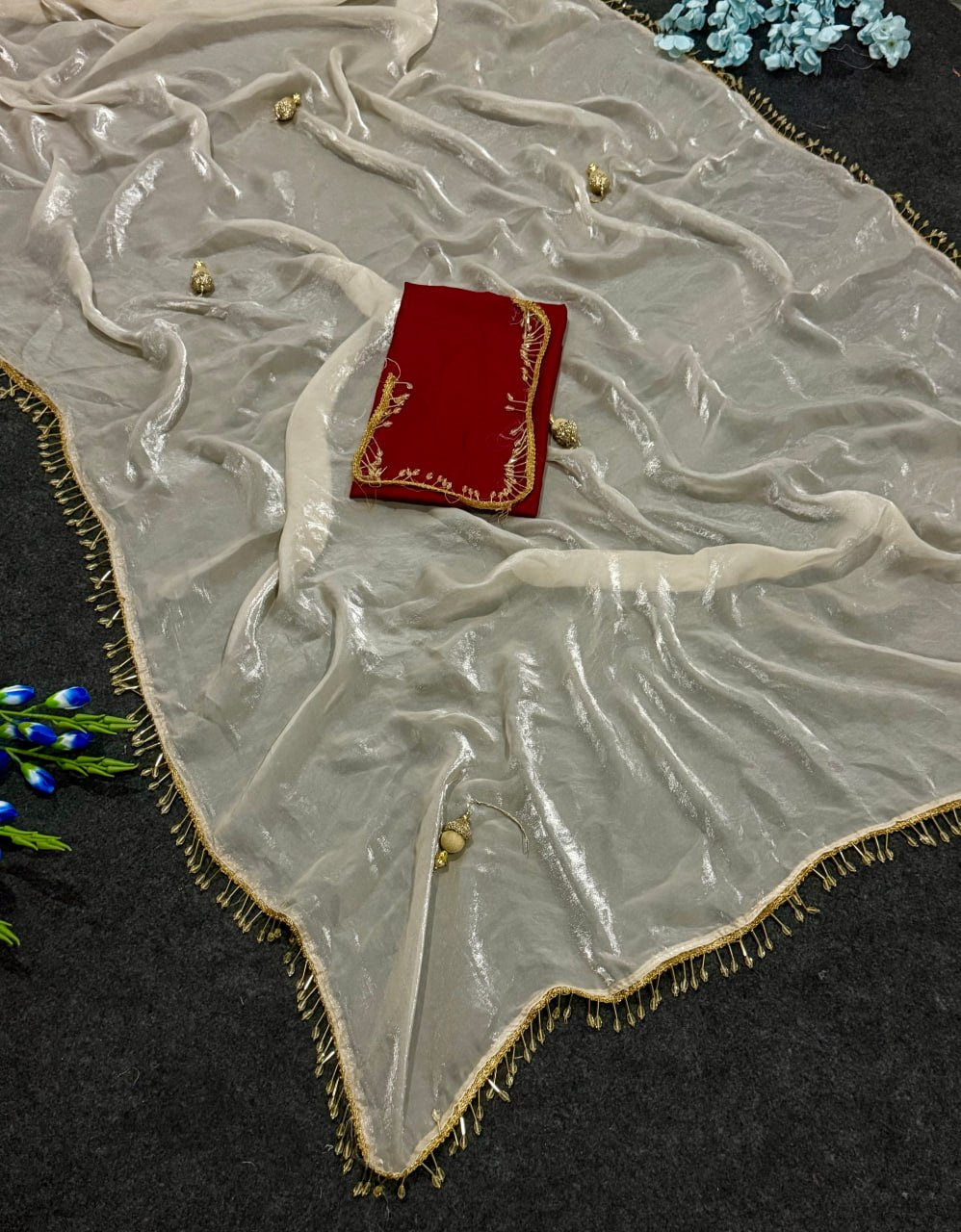 Elegant Fandy Satin Saree with Crystal Moti Lace & Handwork Latkan – Designer Party Wear