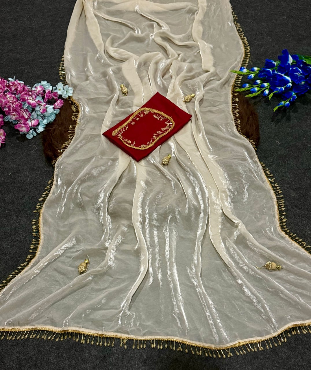 Elegant Fandy Satin Saree with Crystal Moti Lace & Handwork Latkan – Designer Party Wear