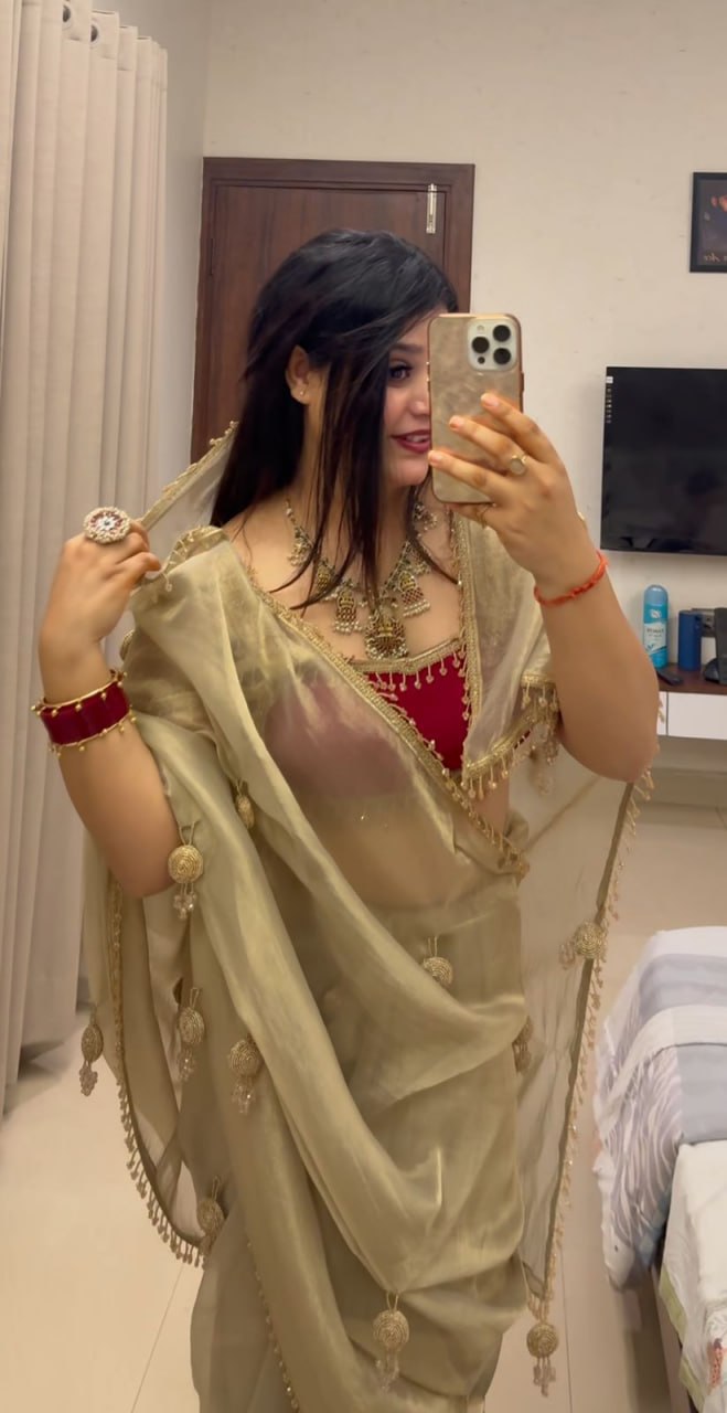 Elegant Fandy Satin Saree with Crystal Moti Lace & Handwork Latkan – Designer Party Wear