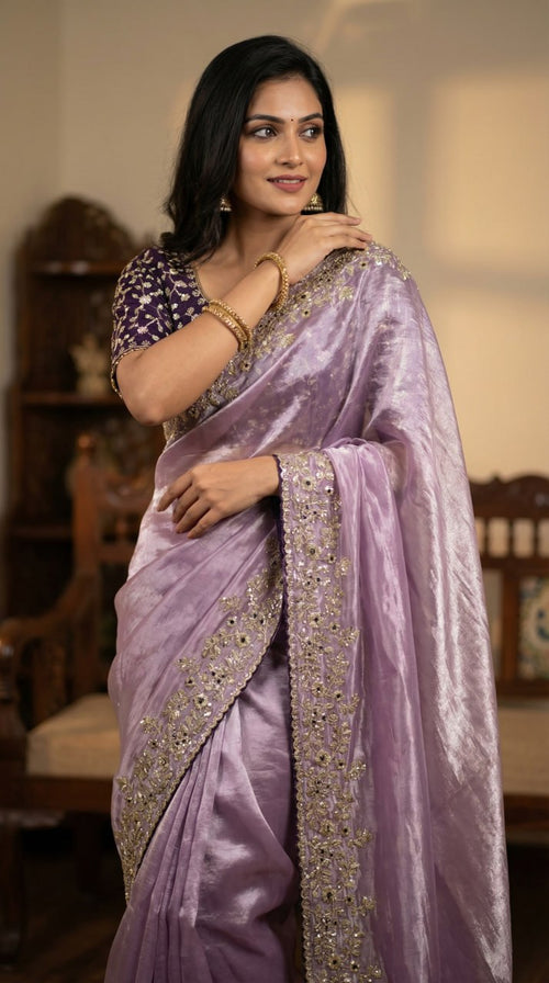 Designer Fandy Satin Saree with 3mm Sequins Pallu & Cutwork Border – LIGHT PURPLE