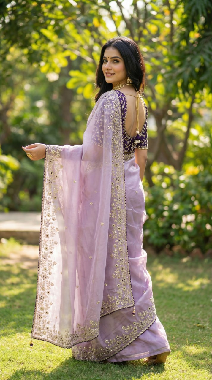 Designer Fandy Satin Saree with 3mm Sequins Pallu & Cutwork Border – LIGHT PURPLE