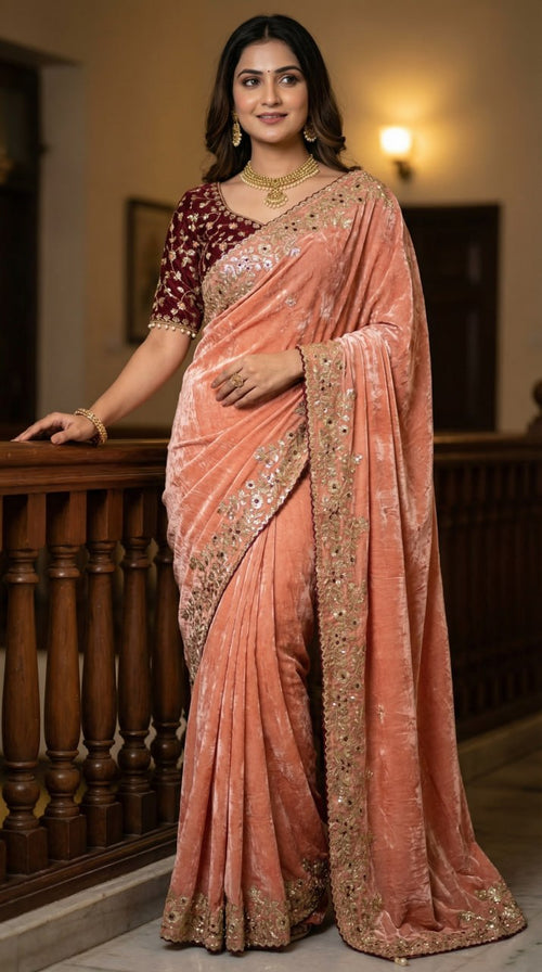 Designer Fandy Satin Saree with 3mm Sequins Pallu & Cutwork Border – PEACH