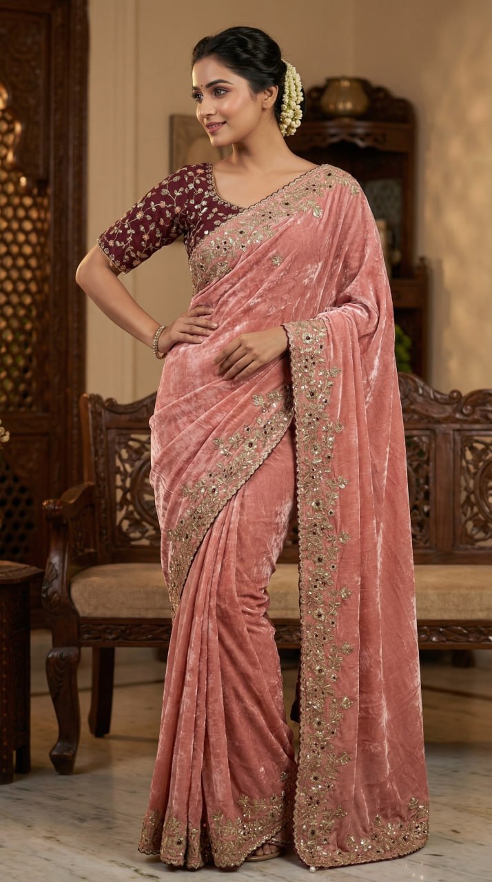 Designer Fandy Satin Saree with 3mm Sequins Pallu & Cutwork Border – PEACH