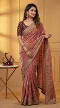 Designer Fandy Satin Saree with 3mm Sequins Pallu & Cutwork Border – PEACH