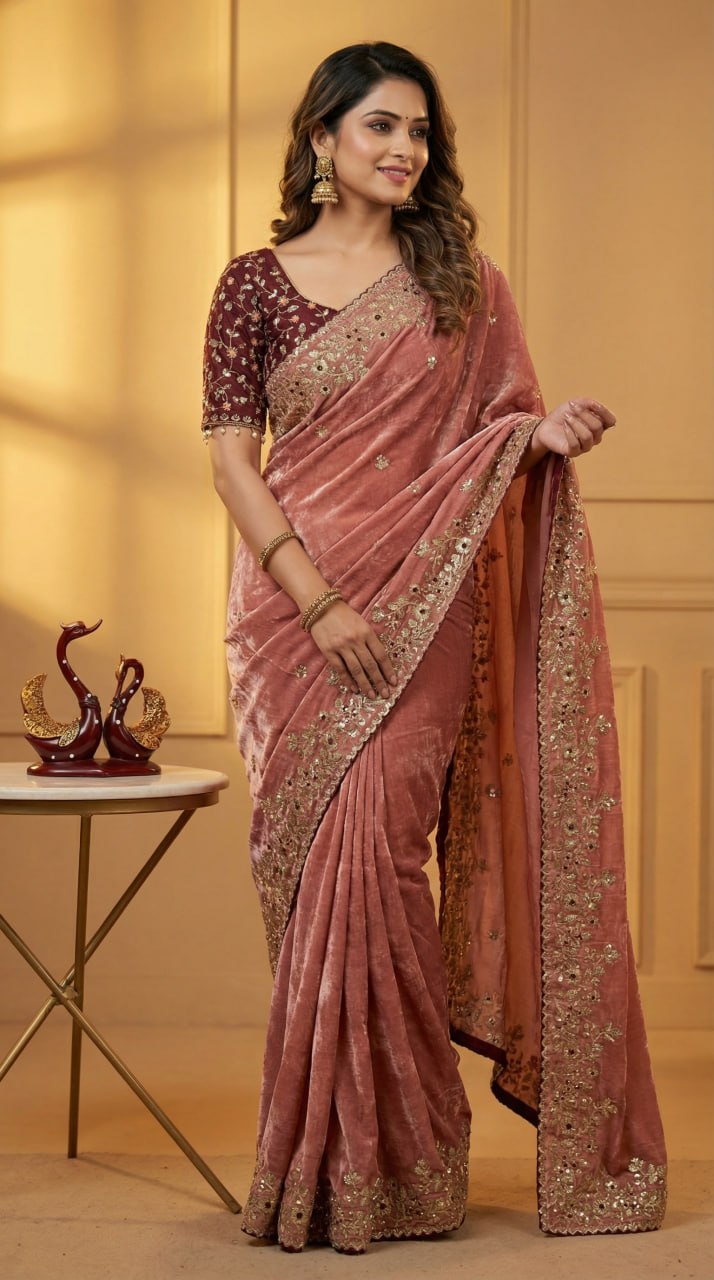 Designer Fandy Satin Saree with 3mm Sequins Pallu & Cutwork Border – PEACH