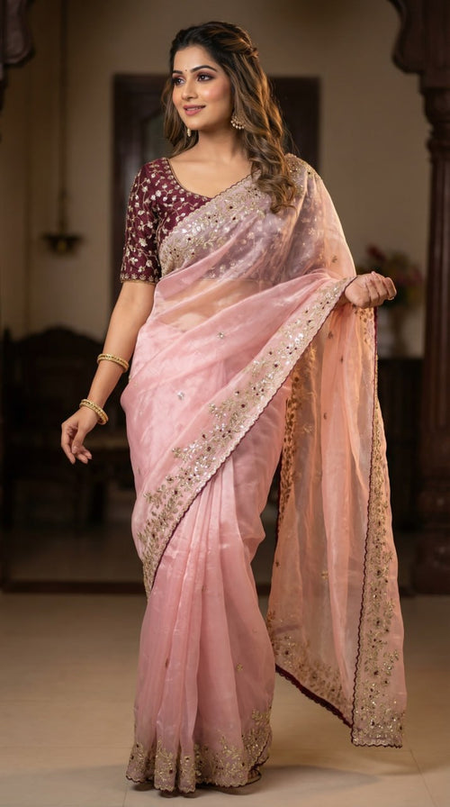 Designer Fandy Satin Saree with 3mm Sequins Pallu & Cutwork Border – LIGHT PINK