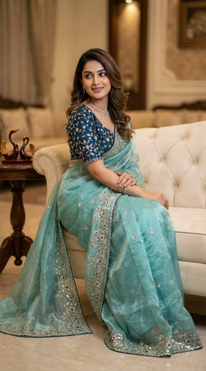 Designer Fandy Satin Saree with 3mm Sequins Pallu & Cutwork Border – SKY BLUE