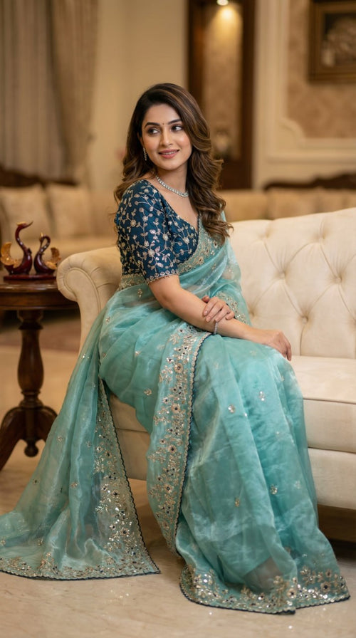 Designer Fandy Satin Saree with 3mm Sequins Pallu & Cutwork Border – SKY BLUE
