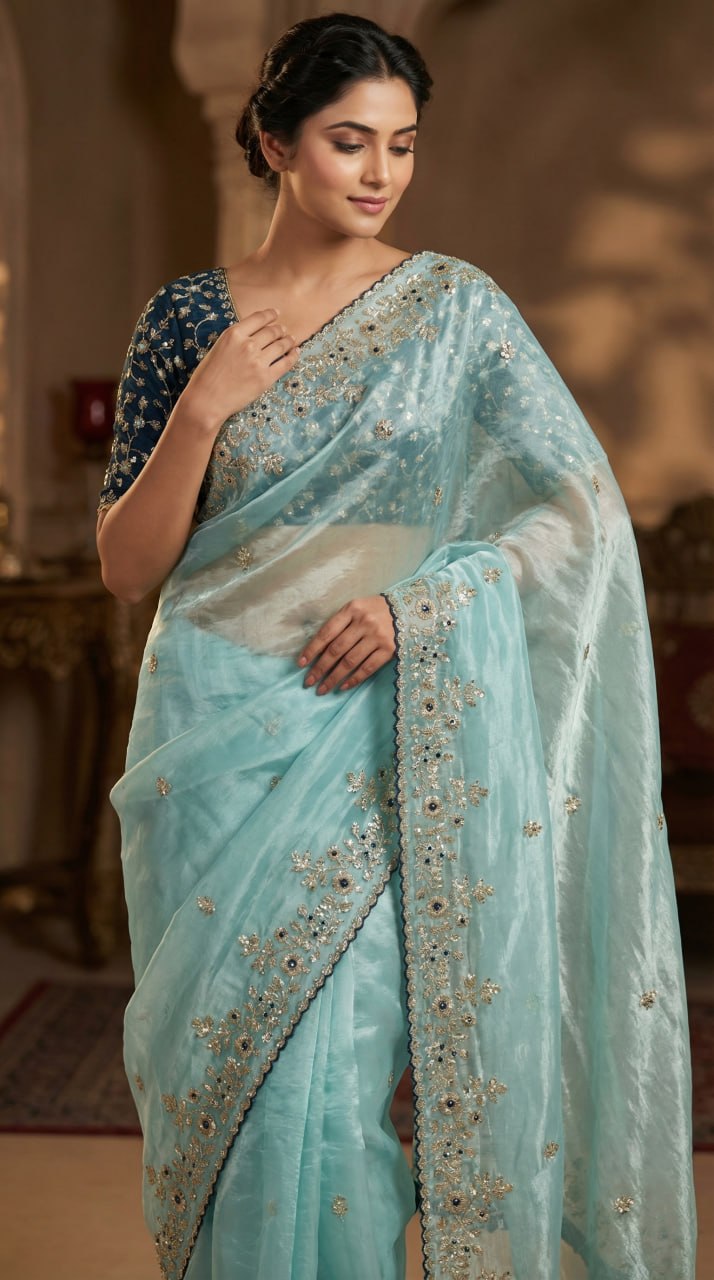 Designer Fandy Satin Saree with 3mm Sequins Pallu & Cutwork Border – SKY BLUE