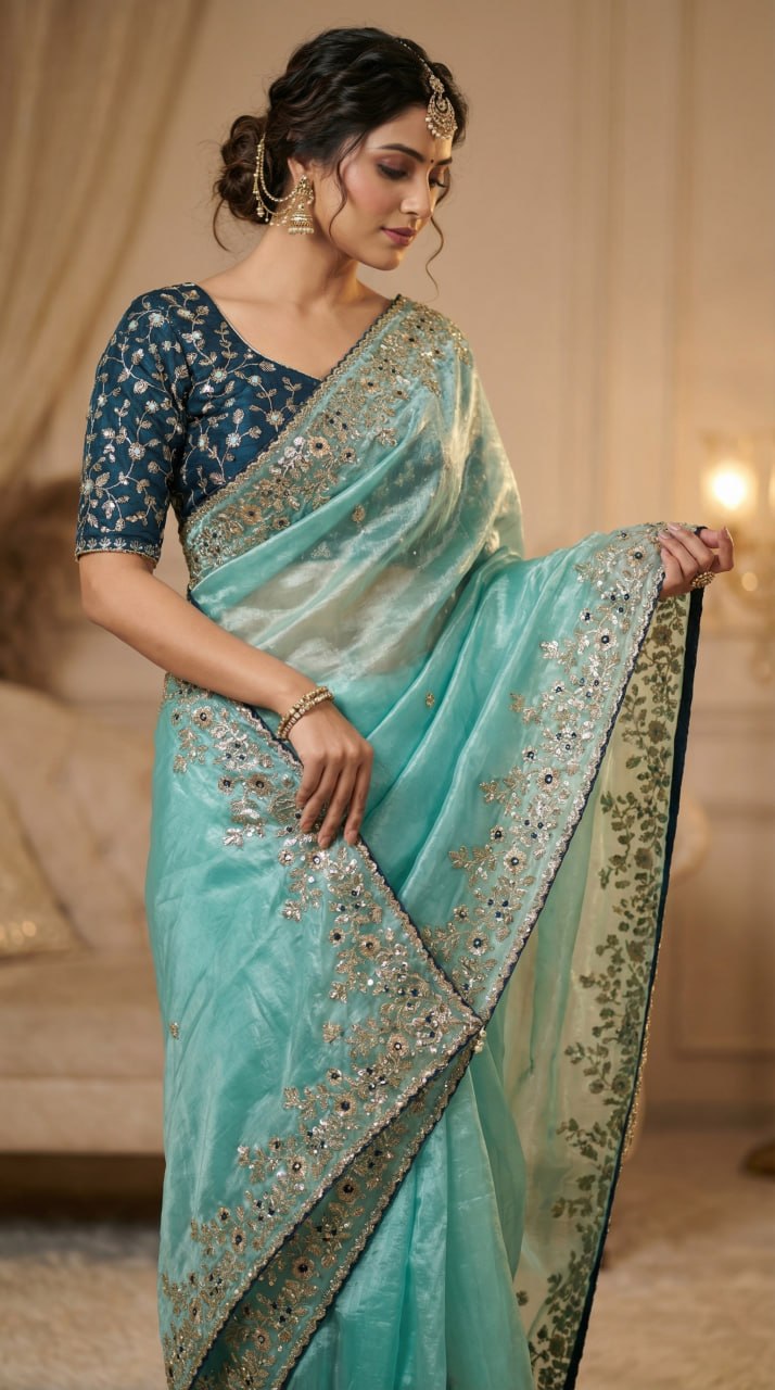 Designer Fandy Satin Saree with 3mm Sequins Pallu & Cutwork Border – SKY BLUE