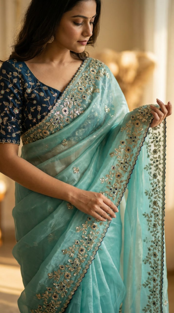 Designer Fandy Satin Saree with 3mm Sequins Pallu & Cutwork Border – SKY BLUE
