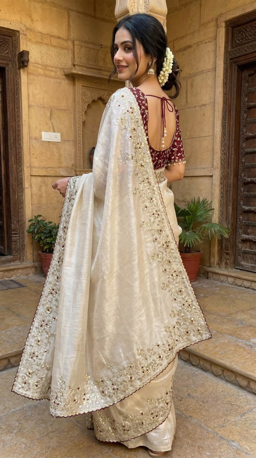 Designer Fandy Satin Saree with 3mm Sequins Pallu & Cutwork Border – WHITE