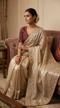 Designer Fandy Satin Saree with 3mm Sequins Pallu & Cutwork Border –CREAM