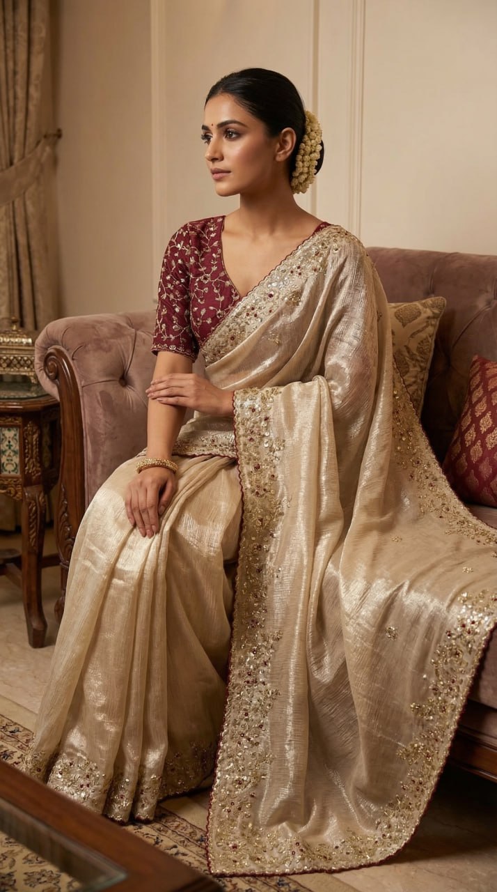 Designer Fandy Satin Saree with 3mm Sequins Pallu & Cutwork Border –CREAM