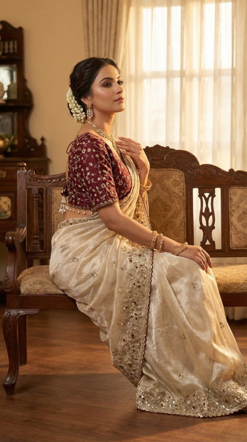 Designer Fandy Satin Saree with 3mm Sequins Pallu & Cutwork Border –CREAM