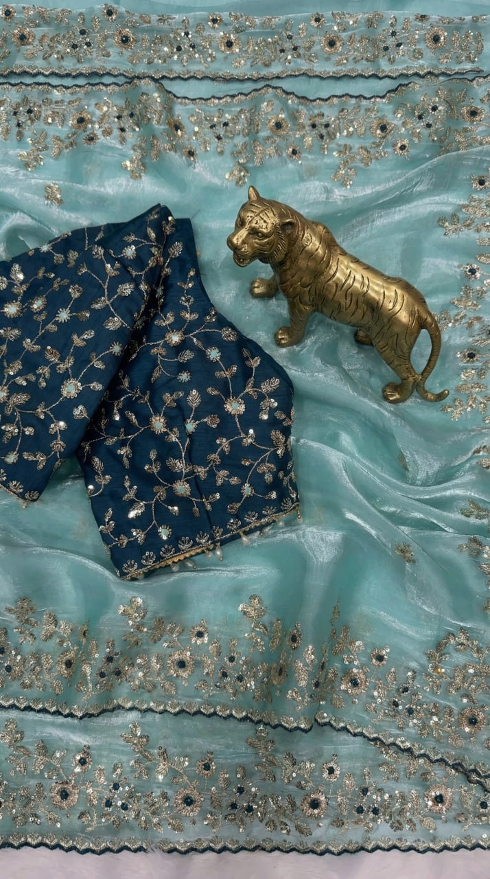 Designer Fandy Satin Saree with 3mm Sequins Pallu & Cutwork Border – SKY BLUE