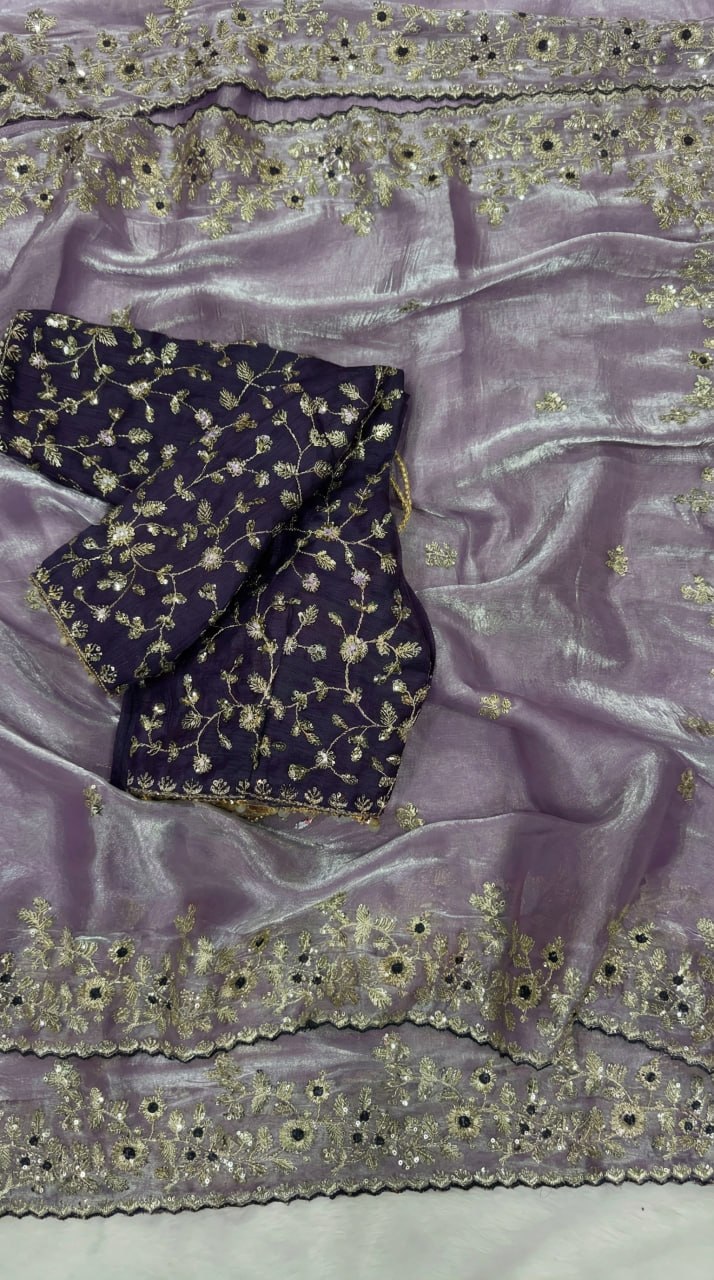 Designer Fandy Satin Saree with 3mm Sequins Pallu & Cutwork Border – LIGHT PURPLE