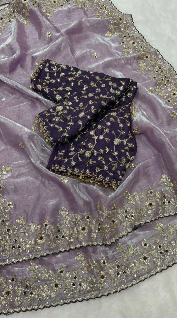 Designer Fandy Satin Saree with 3mm Sequins Pallu & Cutwork Border – LIGHT PURPLE