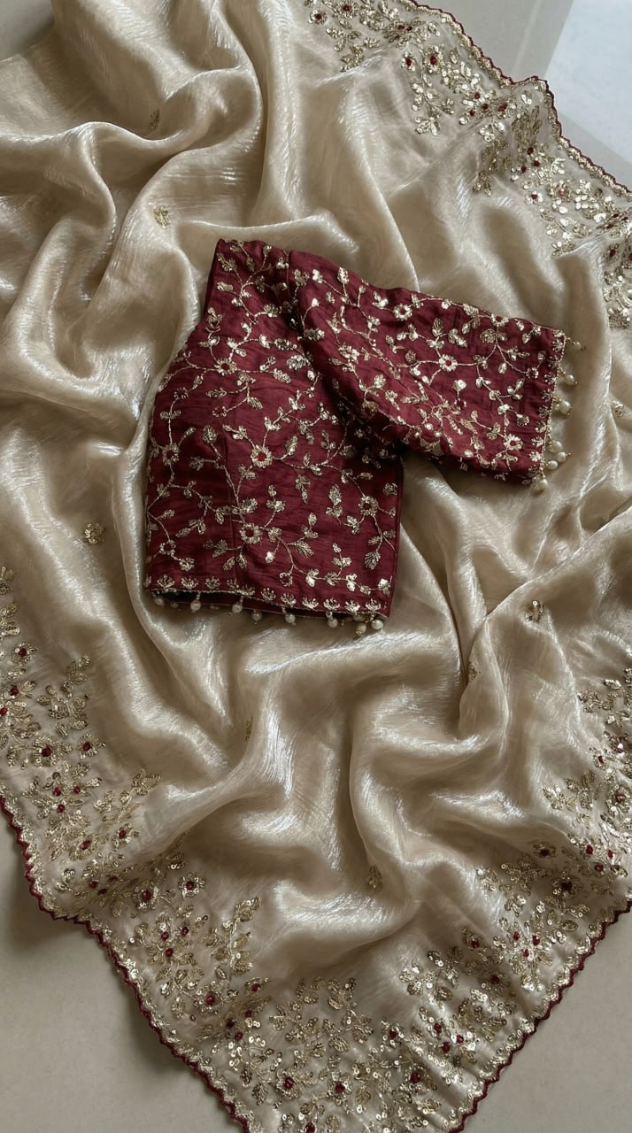 Designer Fandy Satin Saree with 3mm Sequins Pallu & Cutwork Border –CREAM