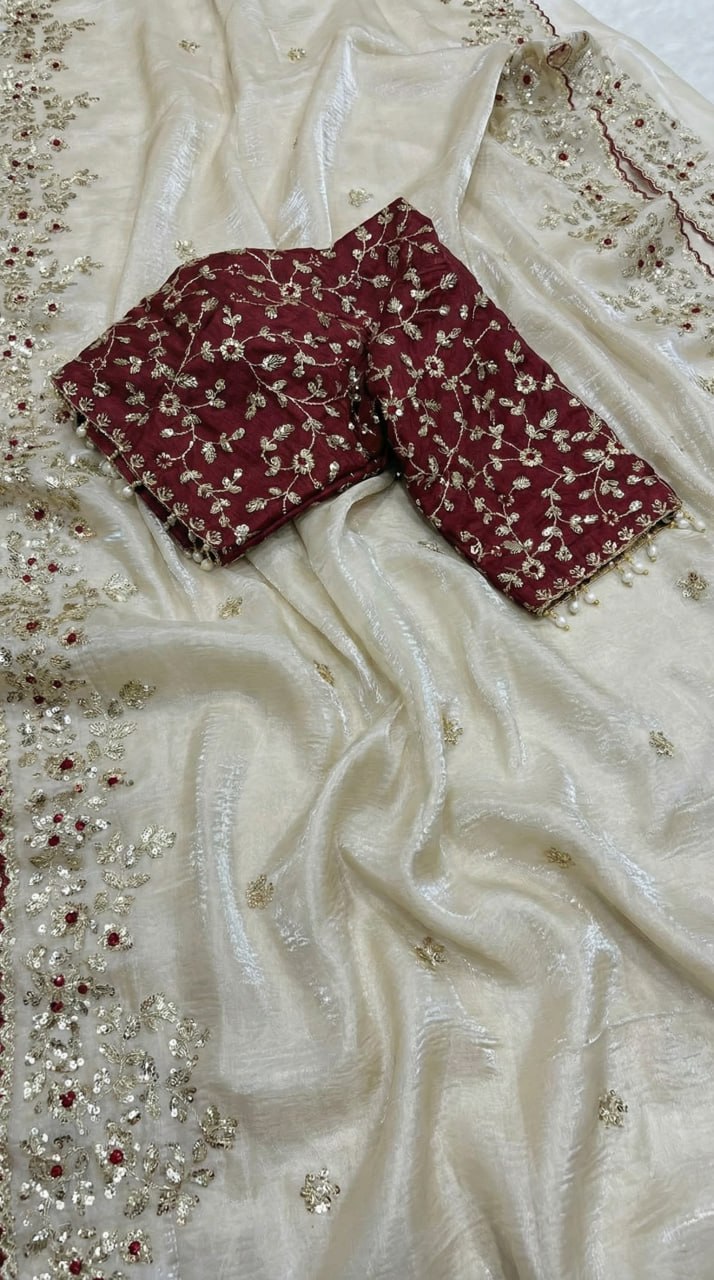 Designer Fandy Satin Saree with 3mm Sequins Pallu & Cutwork Border – WHITE