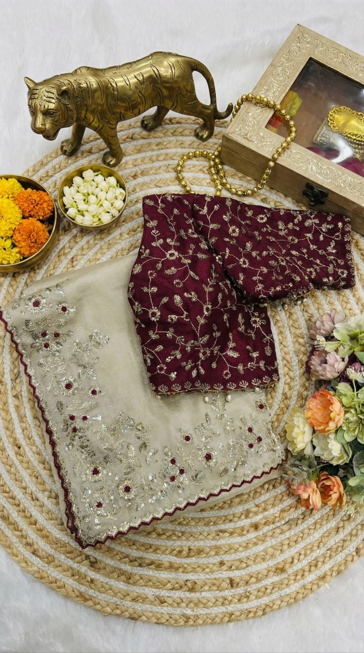 Designer Fandy Satin Saree with 3mm Sequins Pallu & Cutwork Border – WHITE