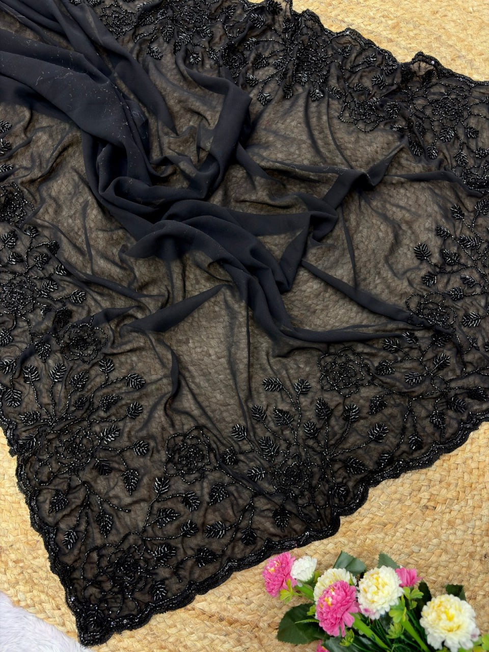 Designer Pure Fox Georgette Saree with Black Beads Work & Cutwork Border