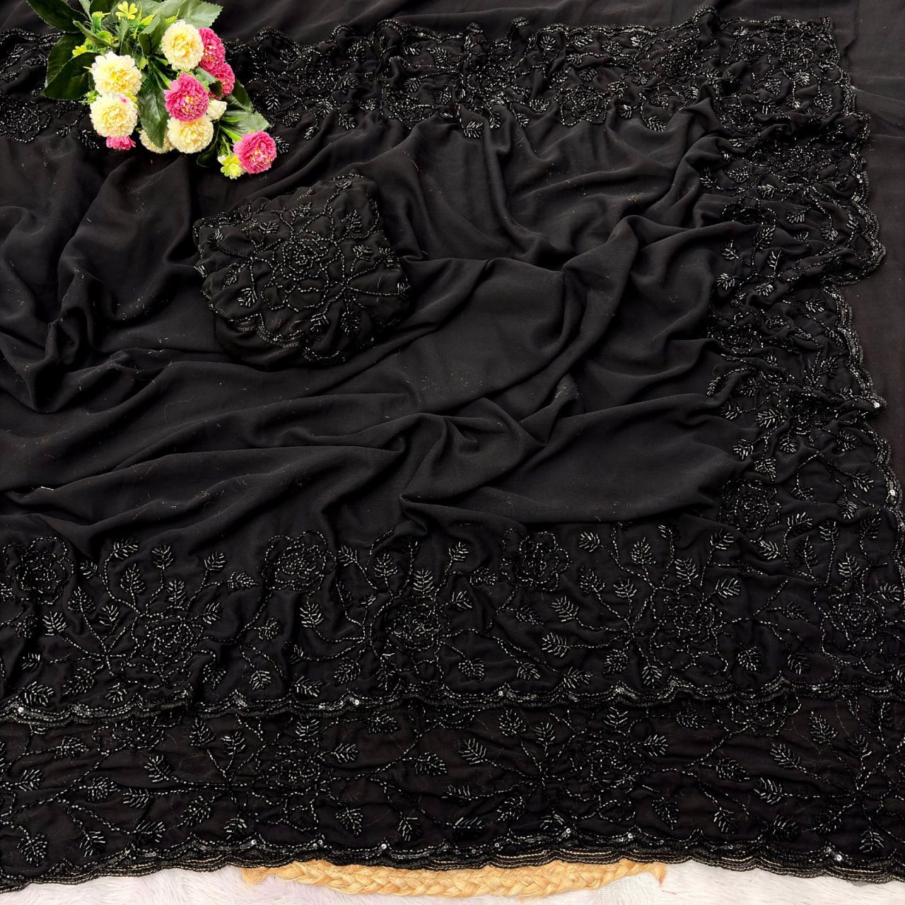Designer Pure Fox Georgette Saree with Black Beads Work & Cutwork Border