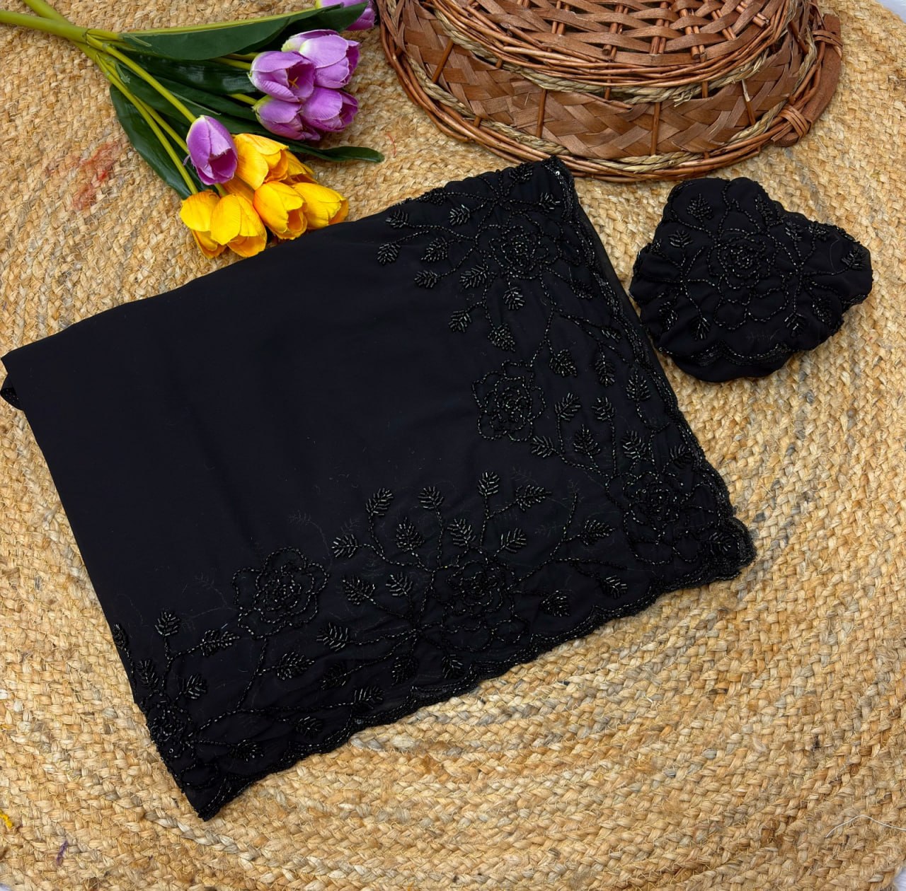 Designer Pure Fox Georgette Saree with Black Beads Work & Cutwork Border