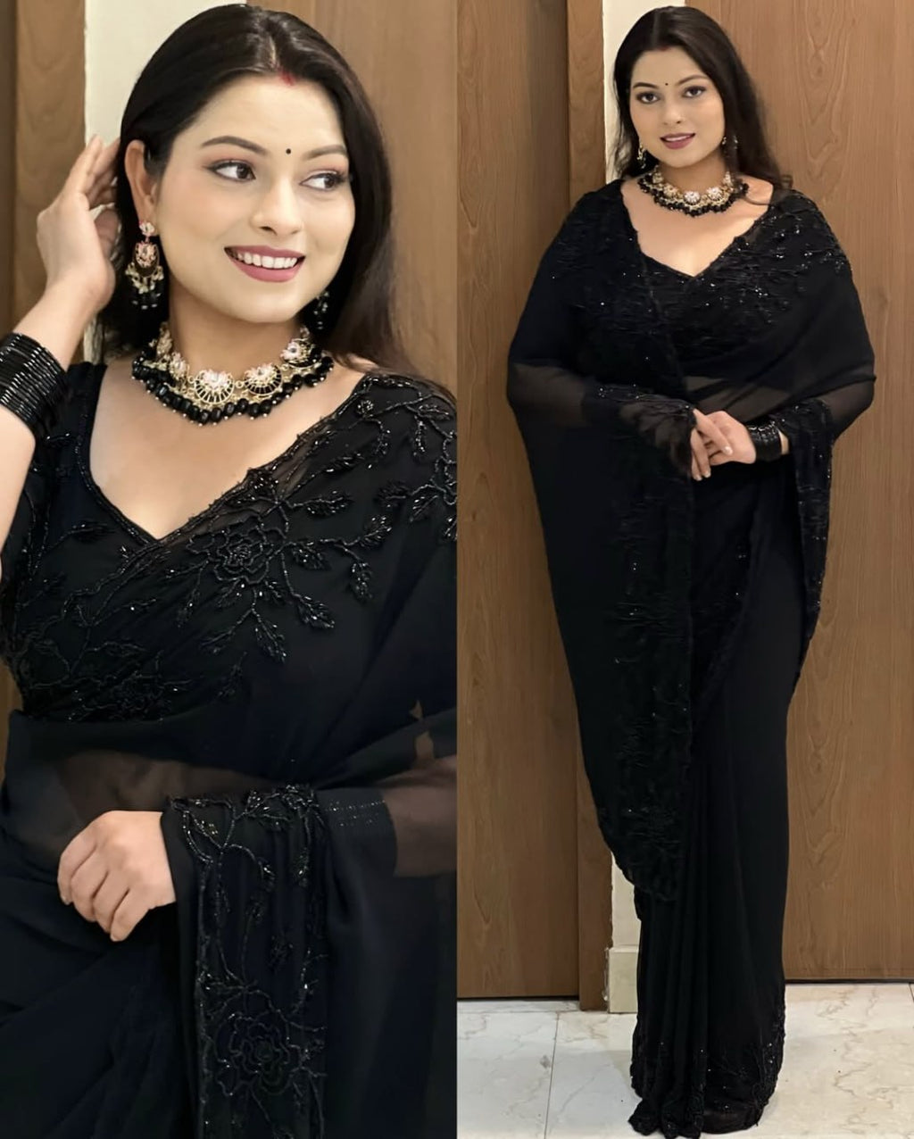 Designer Pure Fox Georgette Saree with Black Beads Work & Cutwork Border