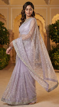 Elegant Pure Soft Net Saree with Original Beads Work & Designer Cutwork Border -PURPLE