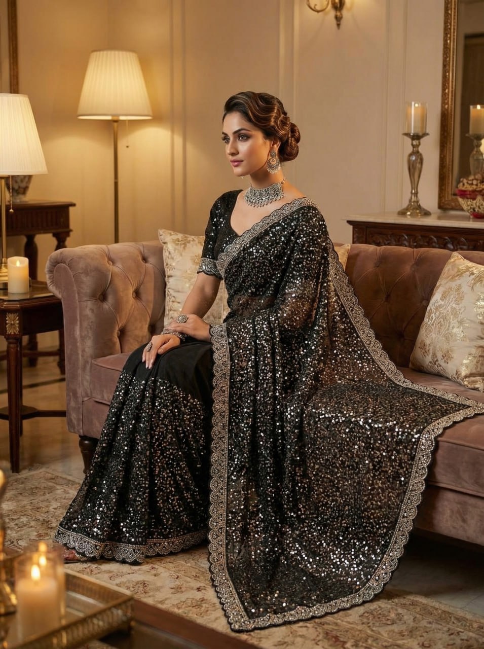 Elegant Pure Soft Net Saree with Original Beads Work & Designer Cutwork Border -BLACK