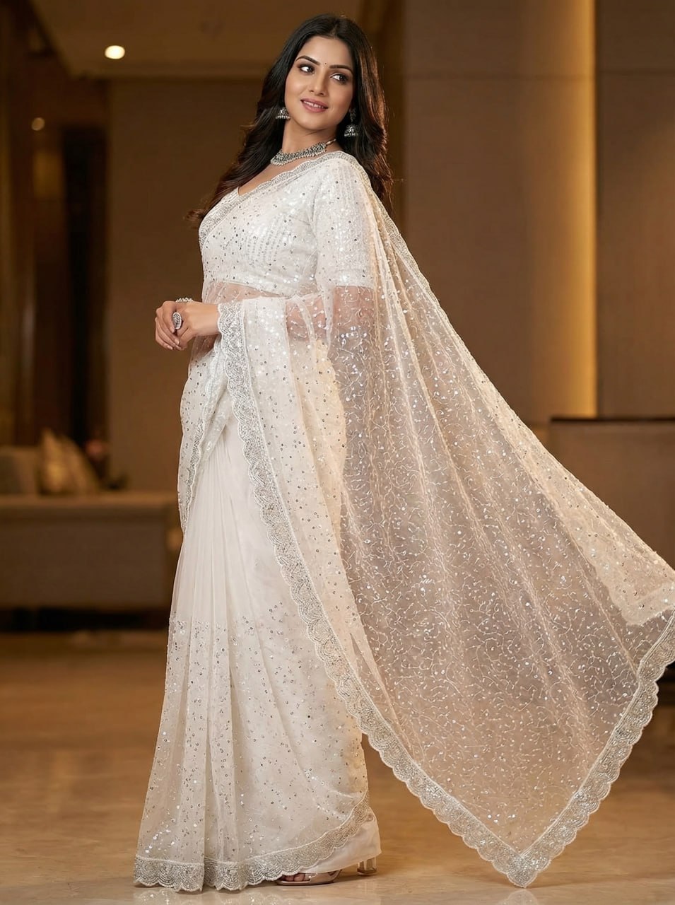 Elegant Pure Soft Net Saree with Original Beads Work & Designer Cutwork Border -WHITE