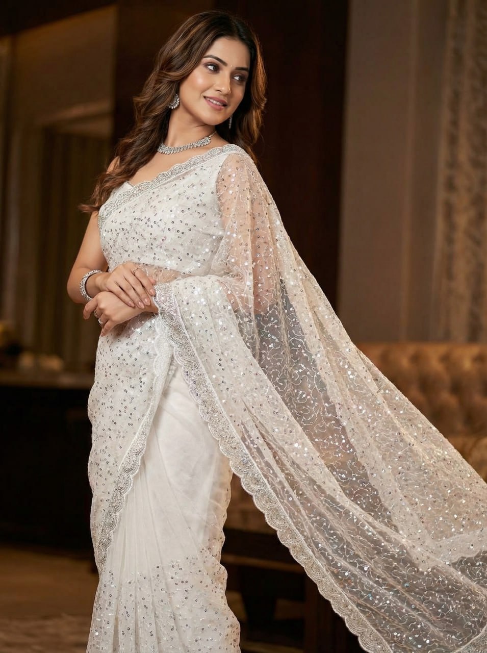 Elegant Pure Soft Net Saree with Original Beads Work & Designer Cutwork Border -WHITE