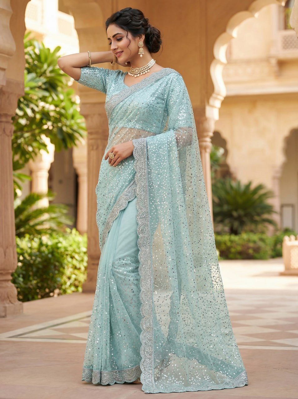 Elegant Pure Soft Net Saree with Original Beads Work & Designer Cutwork Border -SKY BLUE