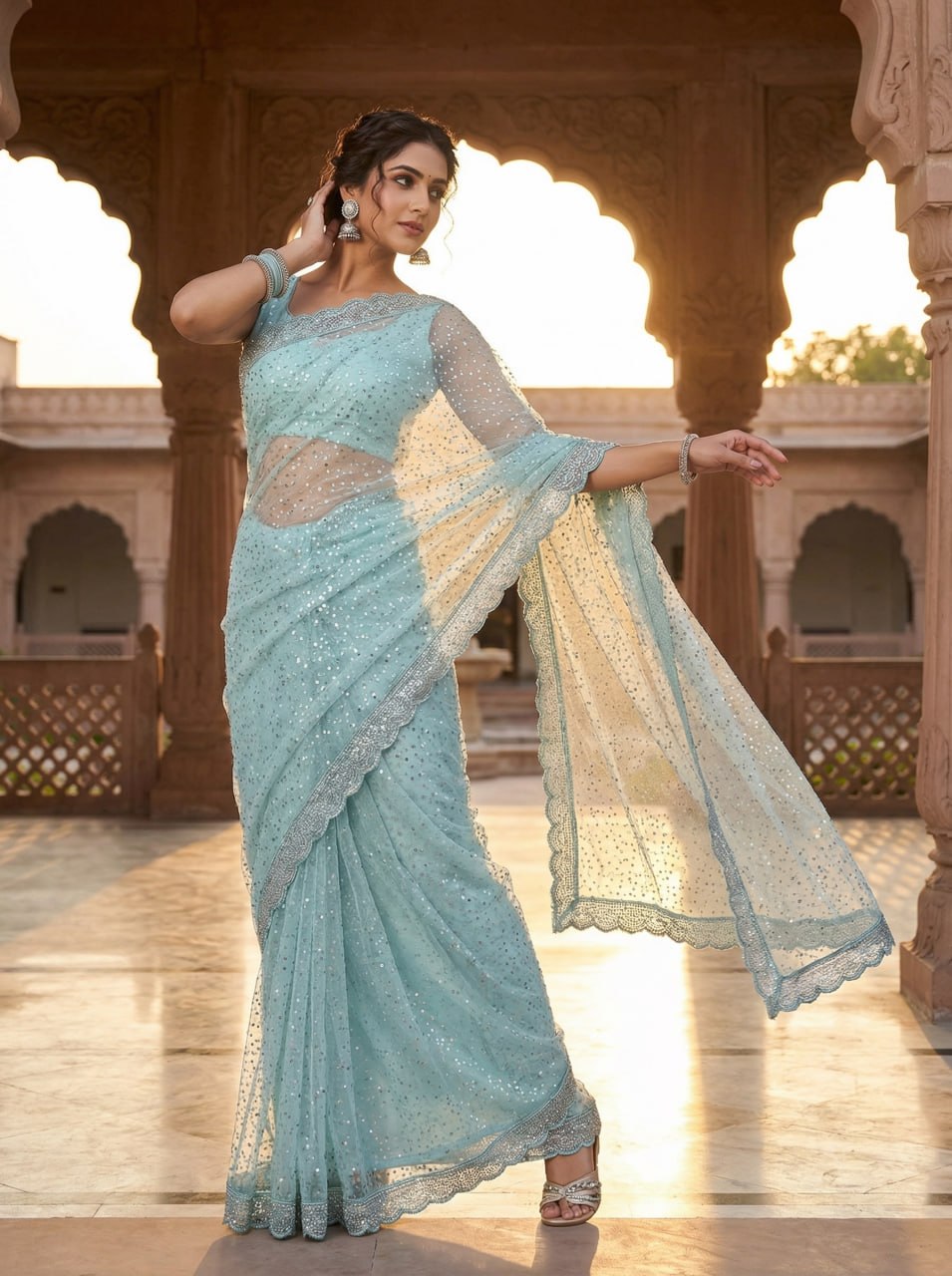 Elegant Pure Soft Net Saree with Original Beads Work & Designer Cutwork Border -SKY BLUE