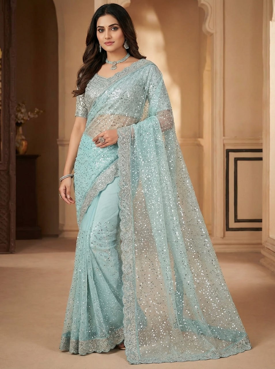 Elegant Pure Soft Net Saree with Original Beads Work & Designer Cutwork Border -SKY BLUE