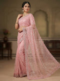 Elegant Pure Soft Net Saree with Original Beads Work & Designer Cutwork Border -PINK